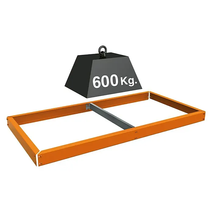 Simonrack Simonforte Estante adicional Chipboard SB - L x An: 150 x 45 cm, Naranja - Ilustración de un marco naranja con un peso de 600 kg flotando por encima. Sólido equipo de construcción.