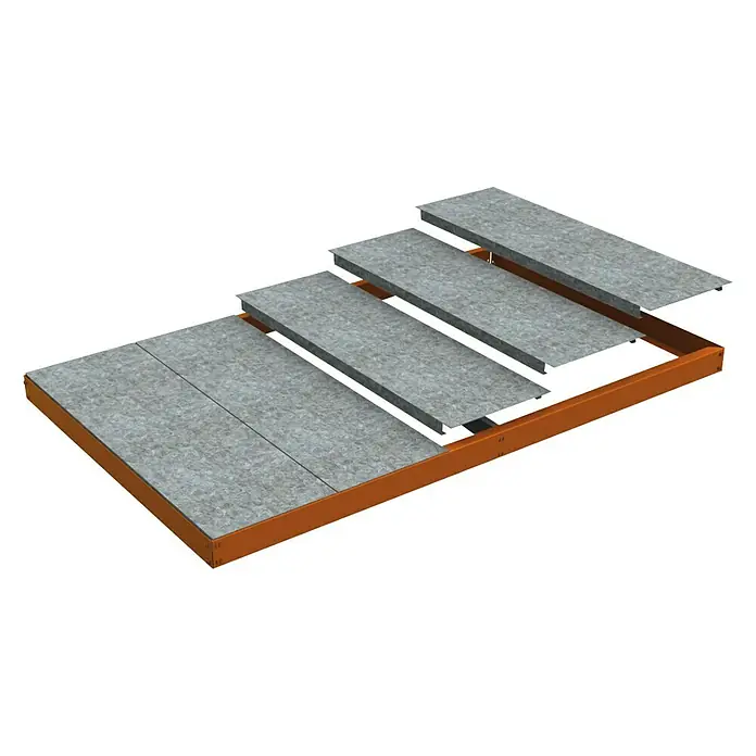 Simonrack Simonforte Estante adicional Metal - L x An: 150 x 60 cm, Naranja - Vista de producto de un sistema de suelo elevado con marco naranja y paneles de suelo grises para entornos de oficina modernos.