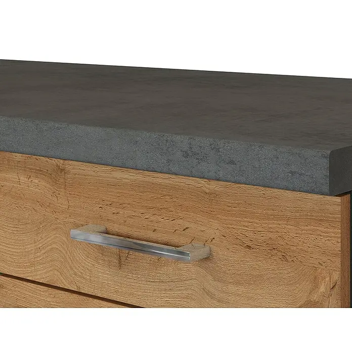Held Möbel Küchenleerblock Barolo Typ 3 - Breite: 270 cm, Wotaneiche, Farbe Korpus: Graphitgrau, Ohne Elektrogeräte - Detailaufnahme einer Kommode mit Schublade in Holzoptik und einer grauen Steinplatte, verziert mit einem schlichten, silbernen Griff.