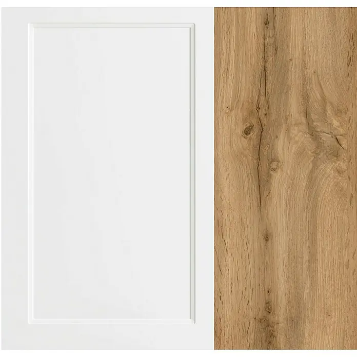 Held Möbel Küchenleerblock Padua Typ 2 - 240 x 240 cm, Weiß, Ohne Elektrogeräte - Nahaufnahme einer weißen Schranktür neben einer Holztür, die die Textur und das Design beider Materialien hervorhebt.