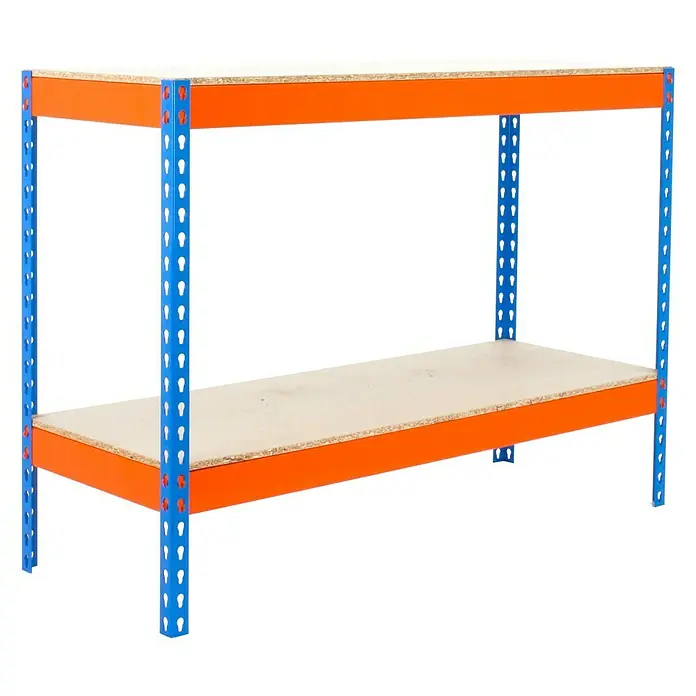 Simonrack Simonwork Werkbank Basic 2 - L x B: 76 x 180 cm, Arbeitshöhe: 90 cm, Belastbarkeit: 1.200 kg, Orange/Blau - Das Bild zeigt ein blau-orangefarbenes Schwerlastregal mit zwei Regalböden. Das Regal ist freistehend und für hohe Lasten geeignet.