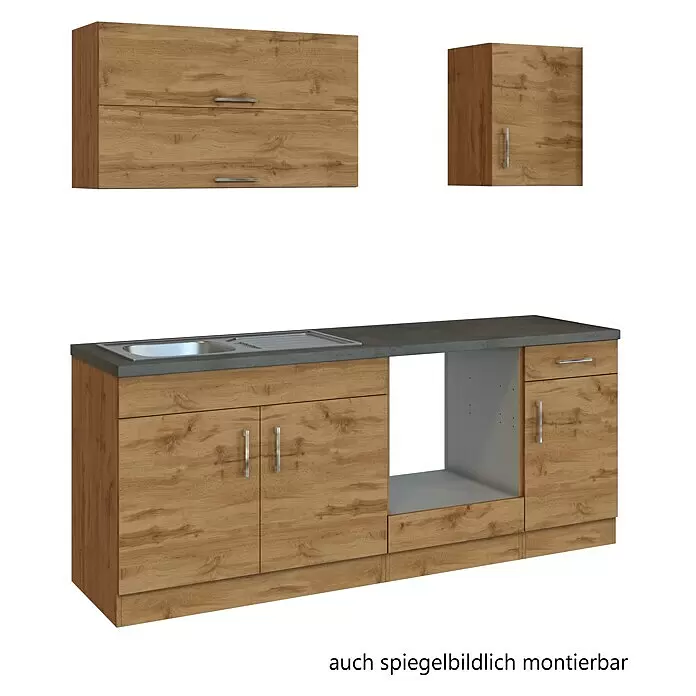 Held Möbel Küchenleerblock - Breite: 210 cm, Wotaneiche, Farbe Korpus: Wotaneiche, Ohne Elektrogeräte - Modulare Küchenzeile in heller Holzoptik mit dunkelgrauer Arbeitsplatte, inklusive Spüle, Hängeschränken und Gerätefach.