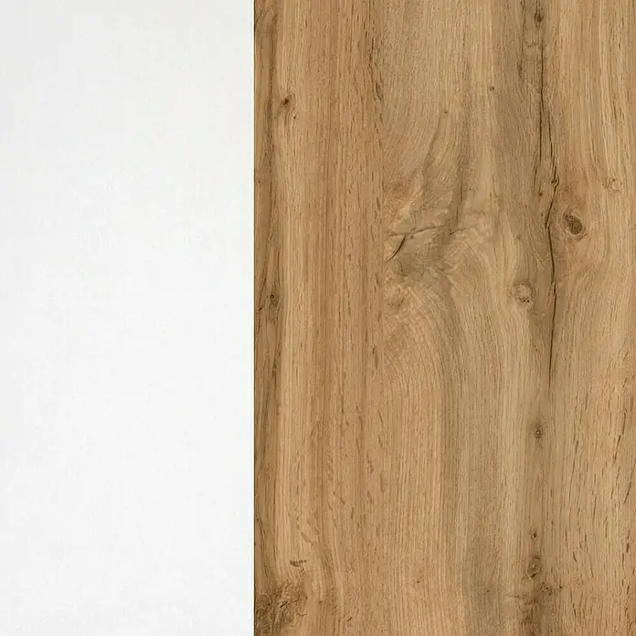 Held Möbel Küchenzeile Barolo Typ 1 - Breite: 210 cm, Weiß, Farbe Korpus: Wotaneiche, Mit Elektrogeräten - Helle Holzplatte mit markanter Maserung und Astlöchern neben einer weißen Fläche. Dekoratives Material für Möbelbau und Innenausbau.