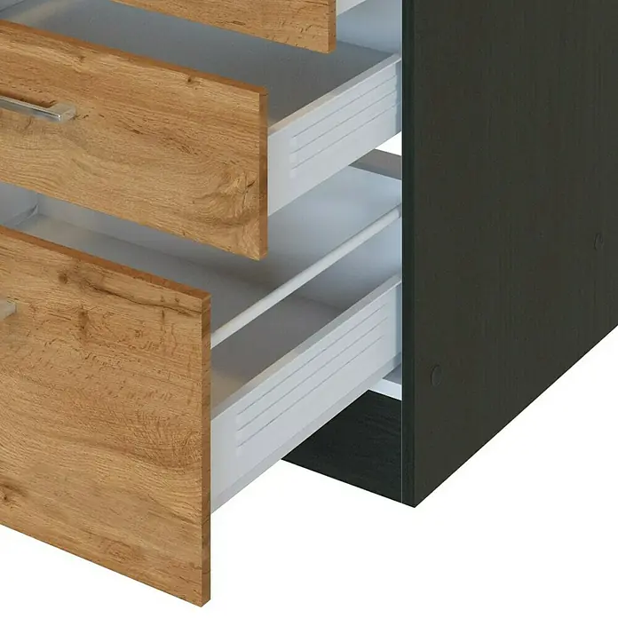 Held Möbel Küchenleerblock Barolo Typ 1 - Breite: 270 cm, Wotaneiche, Farbe Korpus: Graphitgrau, Ohne Elektrogeräte - Schrank mit offenen Holzschubladen und schwarzem Korpus. Die Schubladen haben eine helle Innenausstattung.
