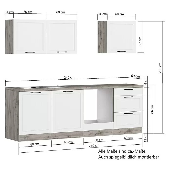 Held Möbel Küchenleerblock Padua - Breite: 240 cm, Grau, Ohne Elektrogeräte - Weiße Küchenschränke mit Arbeitsplatte und Akzenten in grauer Holzoptik, bestehend aus Oberschränken und einer Unterschrankzeile mit Schubladen.