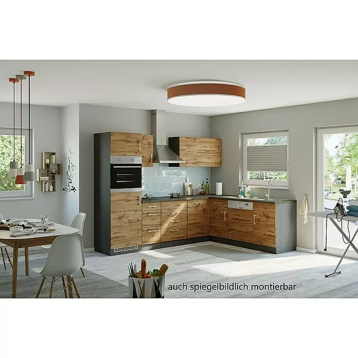 Held Möbel Winkelküche Barolo Typ 4 - B x T: 210 x 270 cm, Farbe Front: Wotaneiche, Anthrazit, Mit Elektrogeräten - Modernes Modulküchensystem mit Holzoptikfronten, dunkelgrauen Rahmen, integrierten Geräten und angeschlossenem Essbereich.