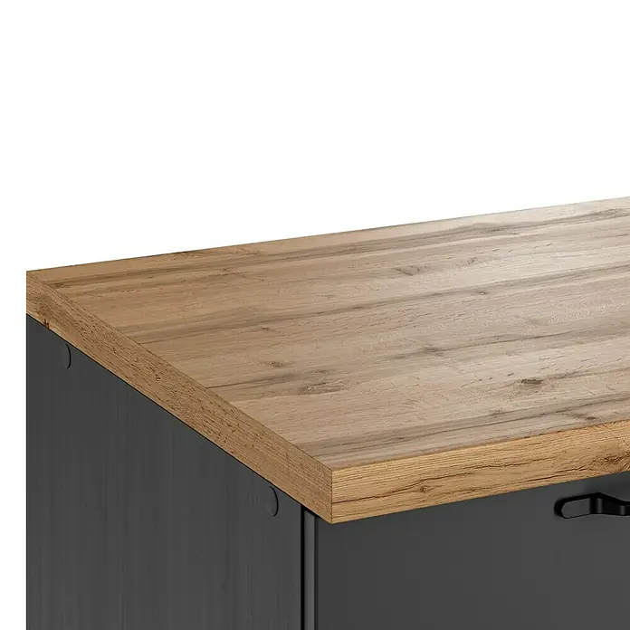 Held Möbel Küchenleerblock Padua Typ 2 - 240 x 300 cm, Grau, Ohne Elektrogeräte - Nahaufnahme eines grauen Schranks mit einer Holzplatte, die eine natürliche und warme Atmosphäre vermittelt.