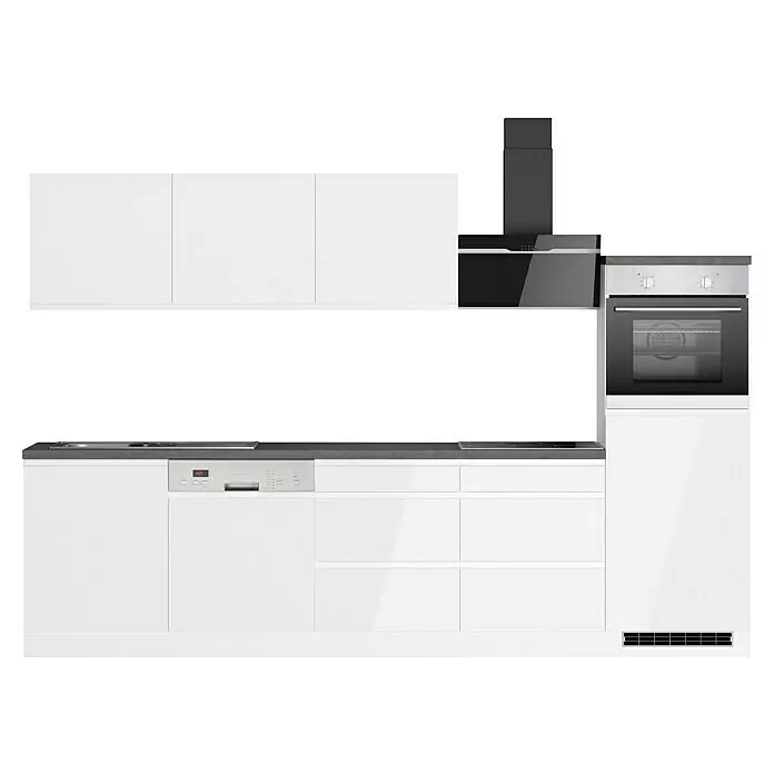 Held Möbel Küchenzeile Treviso Typ 3 - Breite: 300 cm, Weiß, Dekor Arbeitsplatte: Betonoptik, Induktionskochfeld, Mit Elektrogeräten - Moderne weiße Küchenzeile mit integriertem Geschirrspüler, Spüle, Kochfeld, Backofen und Dunstabzugshaube. Dunkelgraue Arbeitsplatte.