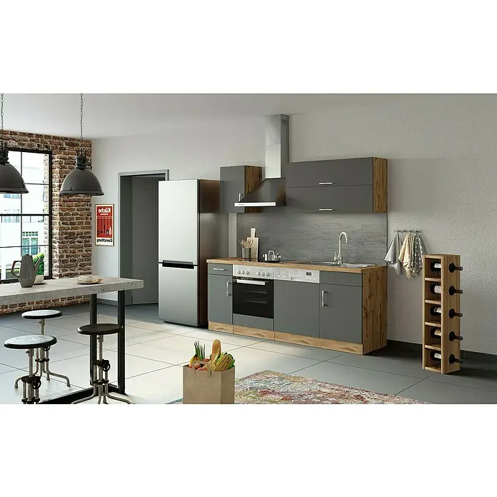 Held Möbel Küchenleerblock Barolo Typ 2 - Breite: 210 cm, Anthrazit, Farbe Korpus: Wotaneiche, Ohne Elektrogeräte - Eine moderne Küche mit grauen Schränken, einer Arbeitsplatte aus Holz und einem Weinständer aus Holz.