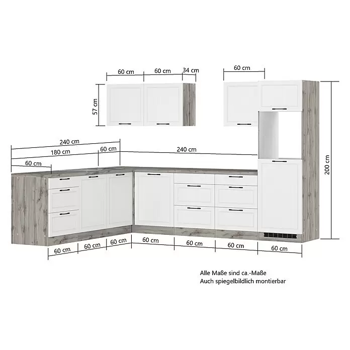 Held Möbel Winkelküche Padua Typ 1 - B x T: 300 x 240 cm, Weiß, Mit Elektrogeräten, Cerankochfeld - Eckküche mit weißen Fronten, Arbeitsplatte und Sockel in Holzoptik. Mit Ober-, Unter- und Hochschrank mit Gerätenische.
