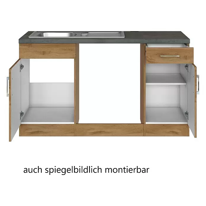 Held Möbel Küchenleerblock Barolo Typ 2 - 210 x 210 cm, Wotaneiche, Farbe Korpus: Wotaneiche, Ohne Elektrogeräte - Küchenunterschrank in Holzoptik mit grauer Arbeitsplatte, Spülbecken, offener Schublade, zwei Schränken und Mittelteil, spiegelbildlich montierbar.