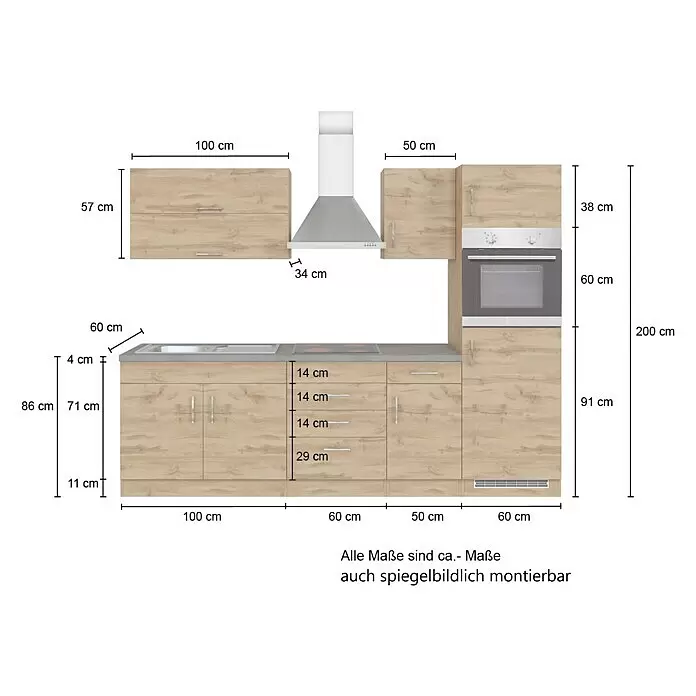 Held Möbel Küchenzeile Barolo Typ 7 - Breite: 270 cm, Farbe Front: Weiß, Wotaneiche, Mit Elektrogeräten - Küchenzeile in heller Holzoptik mit Spüle, Kochfeld, Backofen und Dunstabzugshaube, bestehend aus Unter- und Oberschränken.