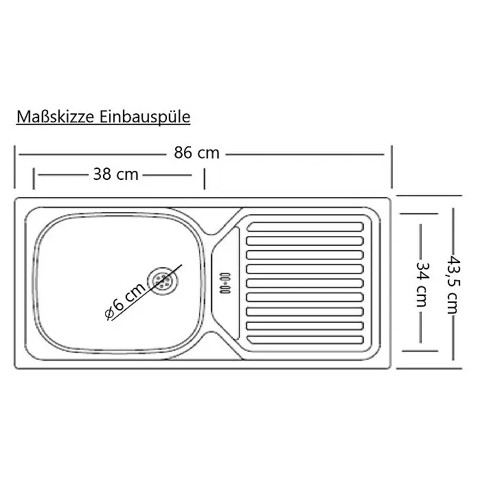 Held Möbel Küchenzeile Treviso Typ 3 - Breite: 300 cm, Weiß, Dekor Arbeitsplatte: Betonoptik, Induktionskochfeld, Mit Elektrogeräten - Maßskizze einer Einbauspüle, zeigt Gesamt- und Beckenmaße.