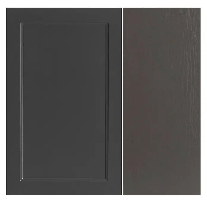 Held Möbel Küchenleerblock Padua Typ 2 - 240 x 300 cm, Grau, Ohne Elektrogeräte - Ein Küchenschrank in Anthrazit mit Rahmenprofil und eine Farbprobe der Oberfläche.