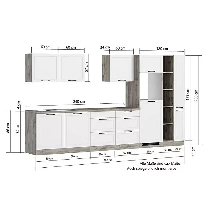 Held Möbel Küchenzeile Padua Typ 1 - Breite: 360 cm, Weiß, Induktionskochfeld, Mit Elektrogeräten - Moderne Küchenzeile mit weißen Fronten und Holzoptik-Korpus/Arbeitsplatte, bestehend aus Unter-, Ober- und Hochschränken.