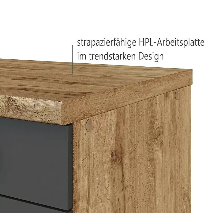 Held Möbel Küchenzeile Barolo Typ 8 - Breite: 360 cm, Anthrazit, Farbe Korpus: Wotaneiche, Mit Elektrogeräten - Strapazierfähige HPL-Arbeitsplatte in Holzoptik auf Möbelkorpus mit dunkelgrauer Schublade.