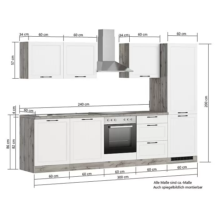 Held Möbel Küchenzeile Padua Typ 3 - Breite: 300 cm, Grau, Mit Elektrogeräten - Modulare Küchenzeile mit weißen Schränken, Holzdekor und Geräten.