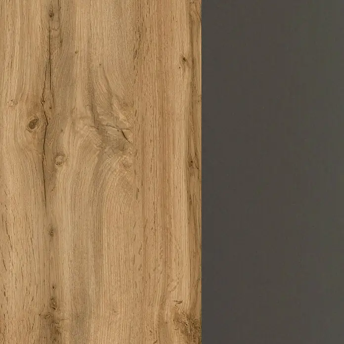Held Möbel Küchenleerblock Barolo Typ 3 - Breite: 270 cm, Wotaneiche, Farbe Korpus: Graphitgrau, Ohne Elektrogeräte - Helles Holzpaneel mit markanter Maserung neben einer glatten, grauen Oberfläche. Die Texturen bieten einen interessanten Kontrast.