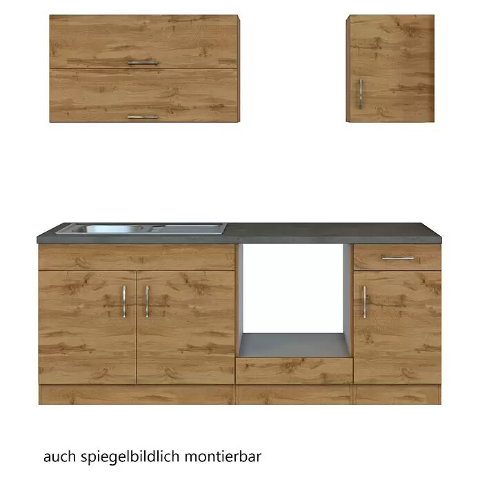 Held Möbel Küchenleerblock - Breite: 210 cm, Wotaneiche, Farbe Korpus: Wotaneiche, Ohne Elektrogeräte - Holzküchenzeile mit grauer Arbeitsplatte, Spüle, Geräteschacht und Wandschränken, spiegelbildlich montierbar.