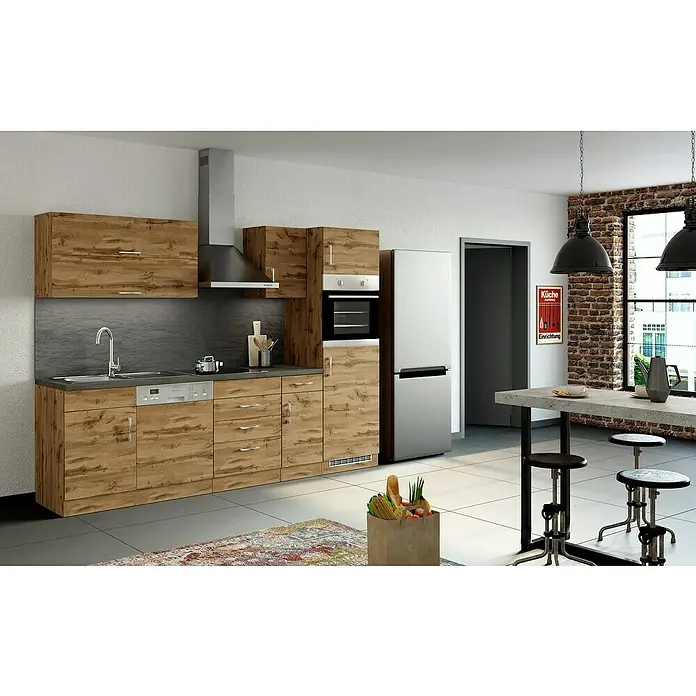 Held Möbel Küchenleerblock Barolo - Breite: 270 cm, Wotaneiche, Farbe Korpus: Wotaneiche, Ohne Elektrogeräte - Diese moderne Küche besticht durch ihre Holzoptik und die stilvolle Gestaltung mit Edelstahlgeräten und einer praktischen Essecke.