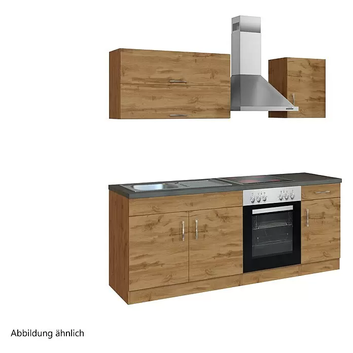 Held Möbel Küchenzeile Barolo Typ 2 - Breite: 210 cm, Wotaneiche, Farbe Korpus: Wotaneiche, Mit Elektrogeräten - Kompakte Küchenzeile mit Holzmaserungsschränken, dunkelgrauer Arbeitsplatte, Spüle, Kochfeld, Backofen und Edelstahl-Dunstabzugshaube.