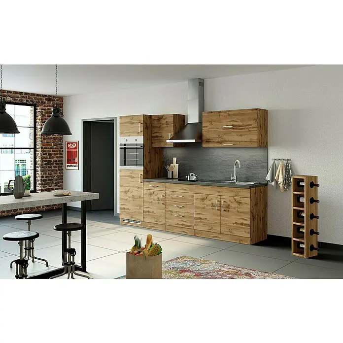 Held Möbel Küchenzeile Barolo Typ 7 - Breite: 270 cm, Farbe Front: Wotaneiche, Wotaneiche, Mit Elektrogeräten - Die Küche ist ausgestattet mit modernen Holzschränken, einem Dunstabzug und einer integrierten Spüle. Der Raum ist hell und einladend.