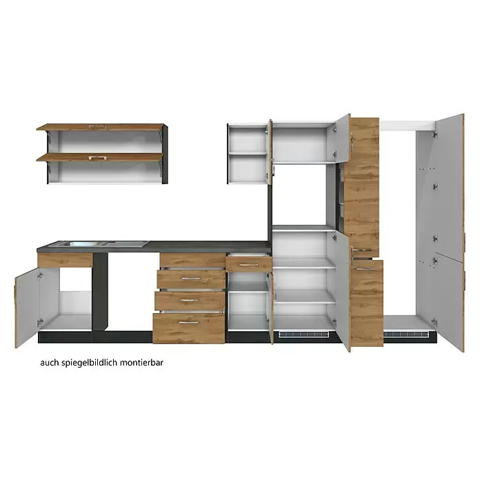 Held Möbel Küchenleerblock Barolo Typ 1 - Breite: 360 cm, Wotaneiche, Ohne Elektrogeräte, Graphitgrau - Modulare Küchenzeile mit Holzoptik-Schränken, dunkler Arbeitsplatte und Spüle. Auch spiegelbildlich montierbar.