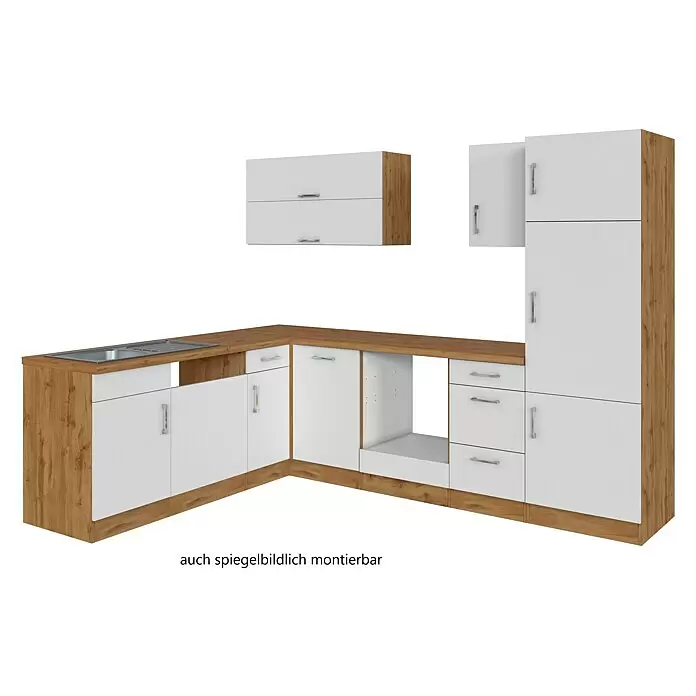 Held Möbel Winkelküche Barolo Typ 7 - B x T: 270 x 210 cm, Farbe Front: Weiß, Wotaneiche, Ohne Elektrogeräte - Weiße und holzfarbene Eckküchenzeile mit integrierter Spüle, verschiedenen Schränken und offenem Gerätefach.