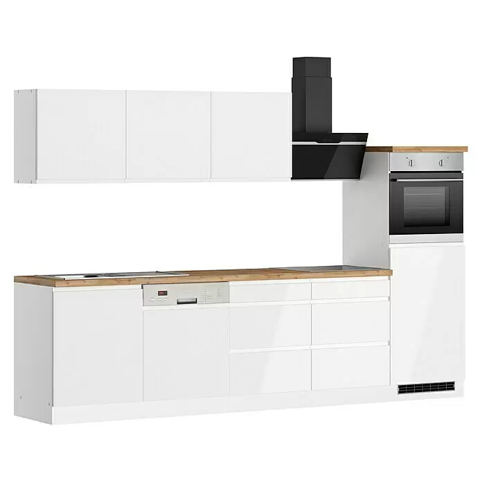 Held Möbel Küchenzeile Treviso Typ 3 - Breite: 300 cm, Weiß, Dekor Arbeitsplatte: Holzoptik, Induktionskochfeld, Mit Elektrogeräten - Weiße moderne Küchenzeile mit Holzplatte, Einbauofen, Geschirrspüler und schwarzer Dunstabzugshaube.