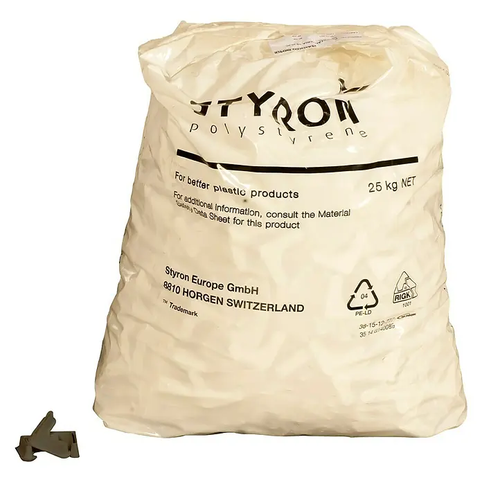 Simonrack Pie de estantería 50 mm - Gris, 1.000 ud. - Una bolsa de poliestireno Styron, una materia prima para mejores productos plásticos, con un peso neto de 25 kg.