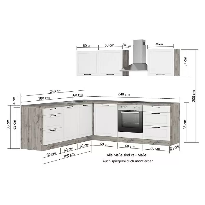 Held Möbel Winkelküche Padua Typ 2 - B x T: 240 x 240 cm, Weiß, Mit Elektrogeräten - L-förmige Küchenzeile in Weiß-Grau mit Holzoptik, inkl. Spüle, Backofen und Hängeschränken, mit Maßen.
