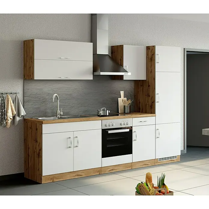 Held Möbel Küchenleerblock Barolo Typ 3 - Breite: 270 cm, Weiß, Farbe Korpus: Wotaneiche, Ohne Elektrogeräte - Moderne Küche mit weißen Schränken und Holzakzenten, inklusive Spüle, Herd und Dunstabzugshaube für ein stilvolles Kocherlebnis.