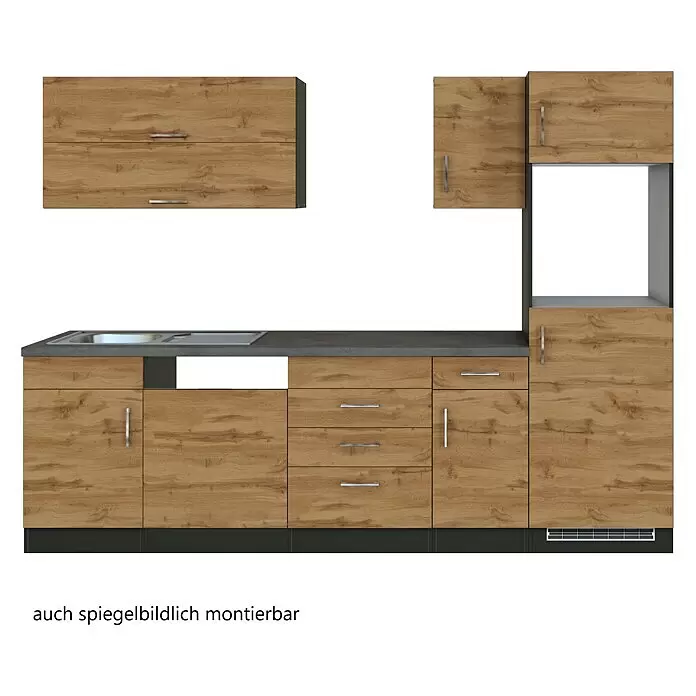 Held Möbel Küchenleerblock Barolo - Breite: 270 cm, Wotaneiche, Farbe Korpus: Graphitgrau, Ohne Elektrogeräte - Moderne Küche in Holzoptik mit grauer Arbeitsplatte, integrierter Spüle und verschiedenen Unter- und Oberschränken mit silbernen Griffen.