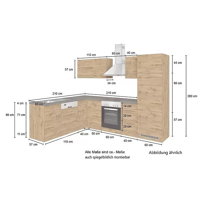 Held Möbel Winkelküche Barolo Typ 5 - B x T: 210 x 270 cm, Wotaneiche, Wotaneiche, Mit Elektrogeräten - L-förmige Einbauküche in heller Holzoptik mit integrierten Geräten und Maßangaben.