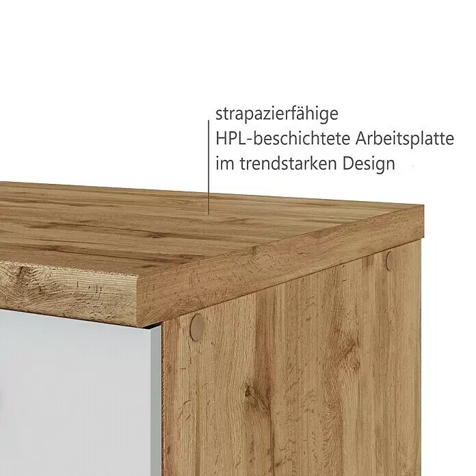 Held Möbel Winkelküche Barolo Typ 4 - B x T: 210 x 270 cm, Farbe Front: Weiß, Wotaneiche, Mit Elektrogeräten - Strapazierfähige HPL-beschichtete Arbeitsplatte in Holzoptik auf einem Schrank, trendiges Design.