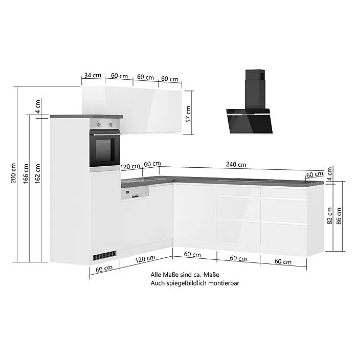 Held Möbel Winkelküche Treviso Typ 1 - B x T: 240 x 240 cm, Weiß, Dekor Arbeitsplatte: Betonoptik, Cerankochfeld, Mit Elektrogeräten - Weißer L-förmiger Küchenblock mit dunkelgrauen Arbeitsplatten, integrierten Geräten, Oberschränken und Dunstabzugshaube. Maße enthalten.