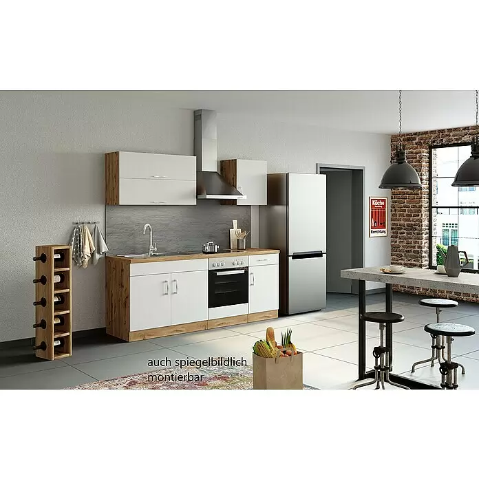 Held Möbel Küchenzeile Barolo Typ 1 - Breite: 210 cm, Weiß, Farbe Korpus: Wotaneiche, Mit Elektrogeräten - Moderne weiße Küche mit Holzdetails, Ofen, Spüle, Kühlschrank und Schränken, flexibel montierbar für verschiedene Raumlayouts.