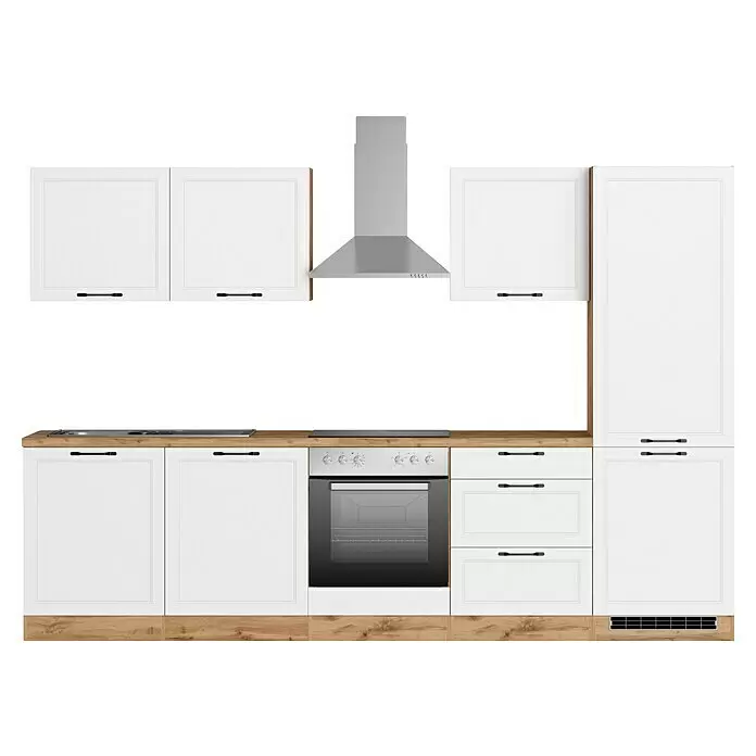 Held Möbel Küchenzeile Padua Typ 3 - Breite: 300 cm, Weiß, Mit Elektrogeräten - Weiße Küche mit Holztheke, silberner Dunstabzugshaube, Backofen und Kochfeldern.