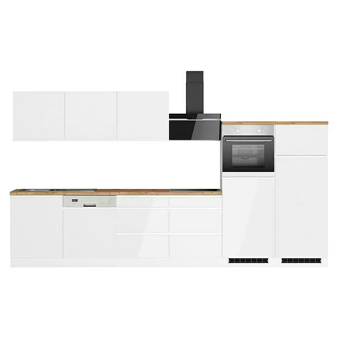 Held Möbel Küchenzeile Treviso Typ 2 - Breite: 360 cm, Weiß, Dekor Arbeitsplatte: Holzoptik, Cerankochfeld, Mit Elektrogeräten - Moderne weiße Küchenzeile mit Holzplatte, integrierter Spüle, Kochfeld, Geschirrspüler, Backofen und schwarzem Dunstabzug.