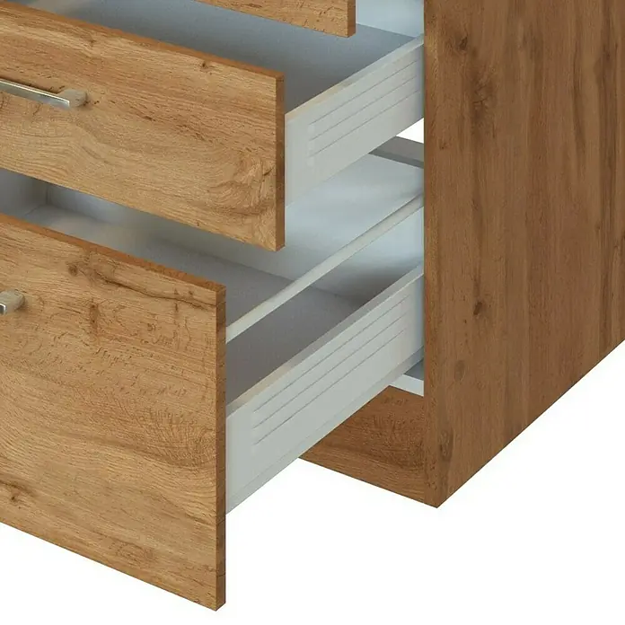 Held Möbel Winkelküche Barolo Typ 4 - B x T: 210 x 270 cm, Farbe Front: Wotaneiche, Wotaneiche, Mit Elektrogeräten - Detailaufnahme eines Holzschranks mit offenen Schubladen, die weiße Innenräume und silberne Griffe zeigen.