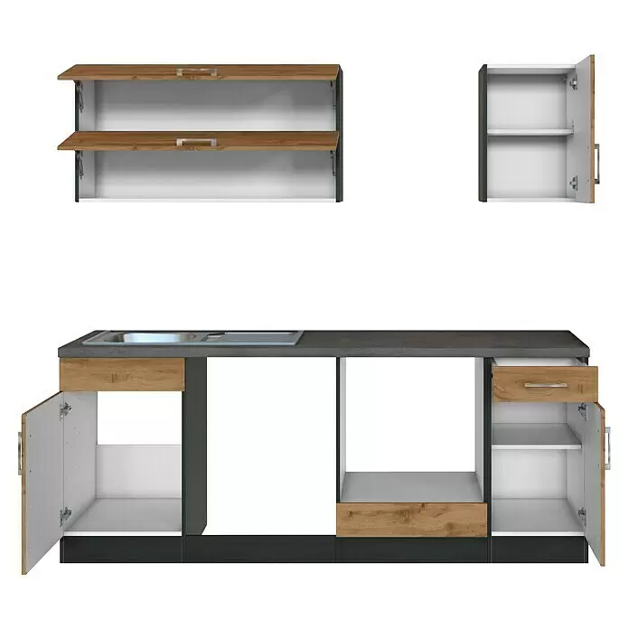 Held Möbel Küchenleerblock Barolo Typ 2 - Breite: 210 cm, Wotaneiche, Farbe Korpus: Graphitgrau, Ohne Elektrogeräte - Küchenschränke in Holzoptik mit Spülenunterschrank, dunklen Rahmen, weißen Innenräumen und grauer Arbeitsplatte.