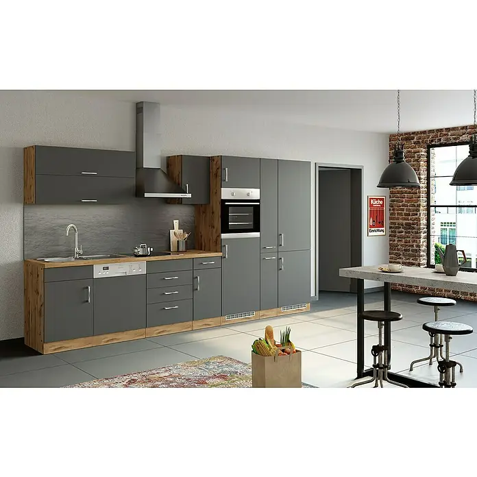 Held Möbel Küchenzeile Barolo Typ 8 - Breite: 360 cm, Anthrazit, Farbe Korpus: Wotaneiche, Mit Elektrogeräten - Eine moderne Küche in Grau mit Holzelementen, inklusive Spüle, Herd und Einbauschränken. Die Küche bietet viel Stauraum und eine stilvolle Arbeitsfläche.