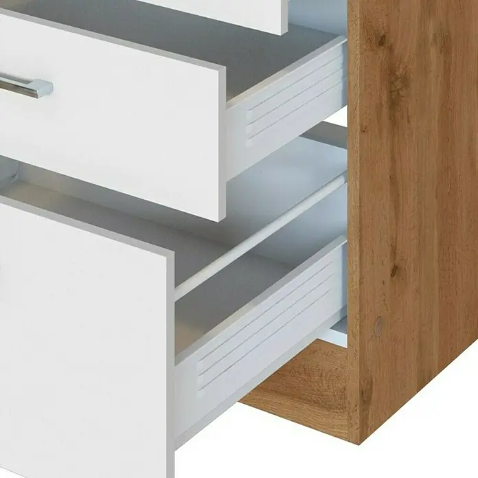 Held Möbel Winkelküche Barolo Typ 4 - B x T: 210 x 270 cm, Farbe Front: Weiß, Wotaneiche, Mit Elektrogeräten - Detailaufnahme eines Schranks mit offenen, weißen Schubladen und Holzkorpus, der Stauraum und modernes Design vereint.