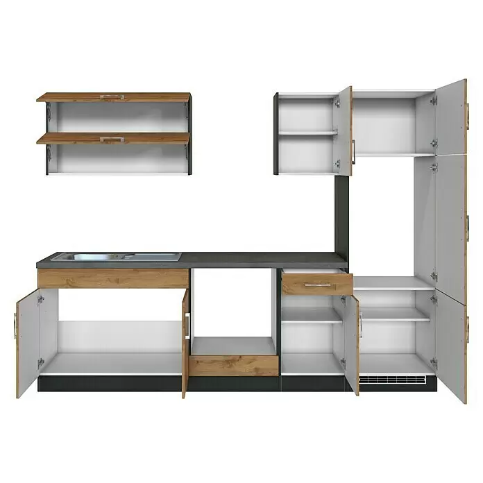 Held Möbel Küchenleerblock Barolo Typ 3 - Breite: 270 cm, Wotaneiche, Farbe Korpus: Graphitgrau, Ohne Elektrogeräte - Modulare Küchenschränke mit hellen Holzfronten, weißen Elementen und dunkler Arbeitsplatte. Viele Türen offenbaren Regale.