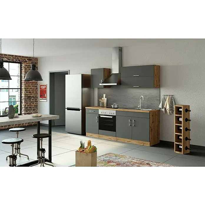 Held Möbel Küchenleerblock - Breite: 210 cm, Anthrazit, Farbe Korpus: Wotaneiche, Ohne Elektrogeräte - Küchenansicht mit modernen grauen Schränken, Geräten und Esstisch mit Industriehockern, die ein stilvolles und funktionales Design präsentieren.