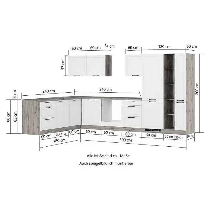Held Möbel Winkelküche Padua Typ 3 - B x T: 360 x 240 cm, Grau, Mit Elektrogeräten - L-förmige Küchenzeile in Weiß und Holzoptik Grau, mit Unter-, Ober- und Hochschränken sowie integriertem Geräteraum.