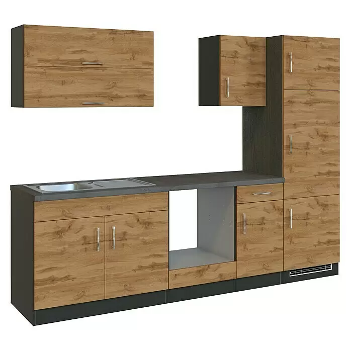 Held Möbel Küchenleerblock Barolo Typ 3 - Breite: 270 cm, Wotaneiche, Farbe Korpus: Graphitgrau, Ohne Elektrogeräte - Modulare Küchenzeile mit hellen Holzfronten, dunkelgrauen Elementen, integrierter Spüle und Gerätenische.