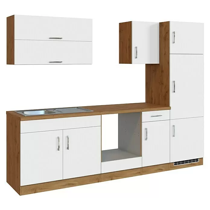 Held Möbel Küchenleerblock Barolo Typ 3 - Breite: 270 cm, Weiß, Farbe Korpus: Wotaneiche, Ohne Elektrogeräte - Modulare Küche in Weiß und hellem Holz mit Spüle, Ober- und Unterschränken sowie Hochschrank.