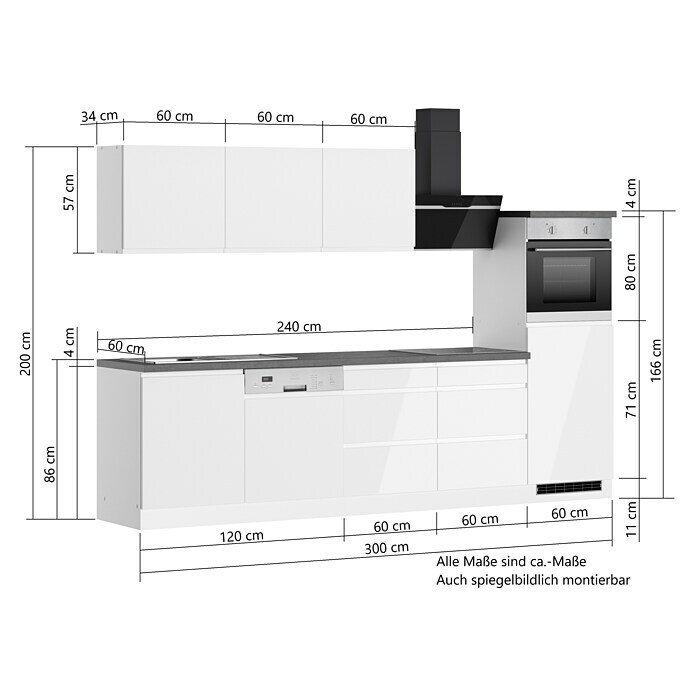 Held Möbel Küchenzeile Treviso Typ 1 (Breite: 300 cm, Weiß, Dekor Arbeitsplatte: Holzoptik, Cerankochfeld, Mit Elektrogeräten) | BAUHAUS