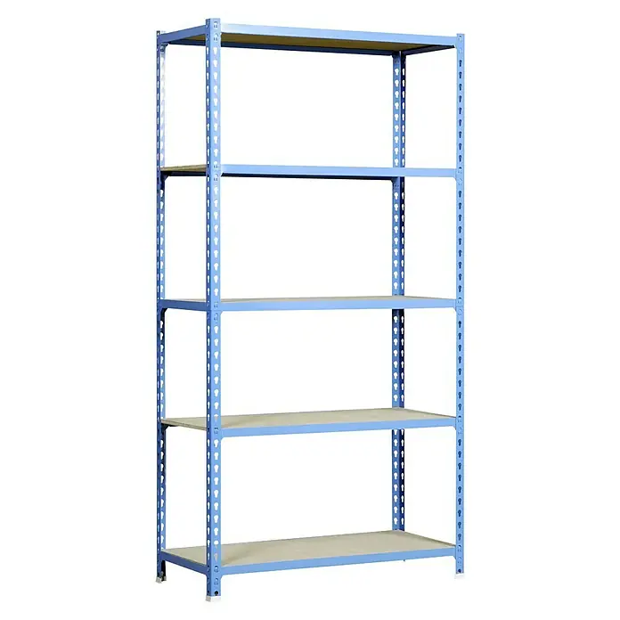Simonrack Maderclick Metallregal Maderclick Mini - H x B x T: 180 x 80 x 30 cm, Traglast pro Boden: 150 kg, Anzahl Böden: 5 Stk., Stecken, Blau - Hier ist ein blaues Metallregal mit fünf Böden. Das Regal ist leer und steht vor einem schwarzen Hintergrund.